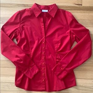 NWOT NY&Co Red Ruched Jeweled Button Top - Large